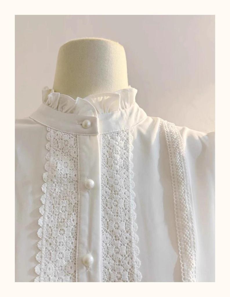 Women's White Lace Patchwork Stand-Up Collar Lantern Sleeve Blouse - Stylish Autumn 2025 Inner Wear