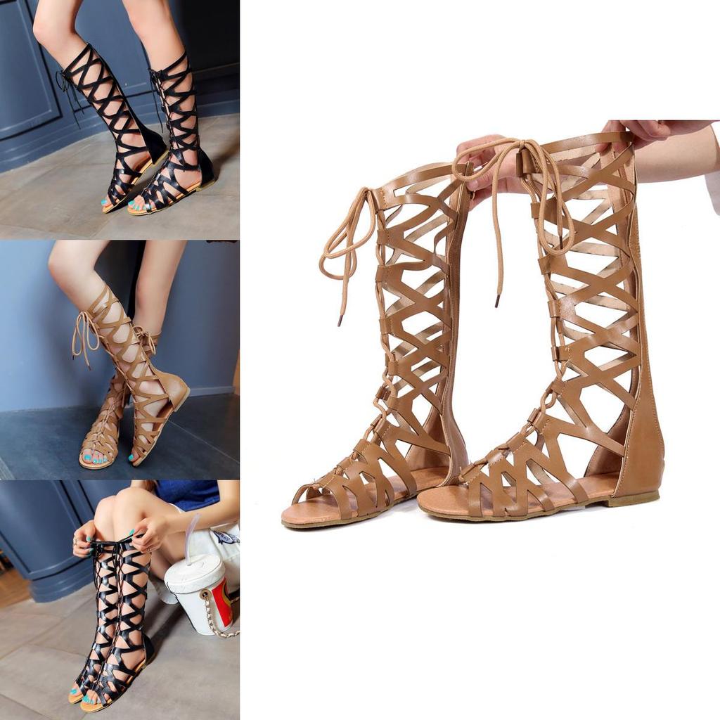 Women Gladiator Strappy Sandals With Knee High Design And Cut Out Details Flat Summer Shoe