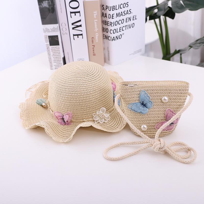 Summer Girl Princess 2pcs a Sets Sun Hat +bags Child Baby Casual Beach Butterfly Panama Caps for Holiday Party