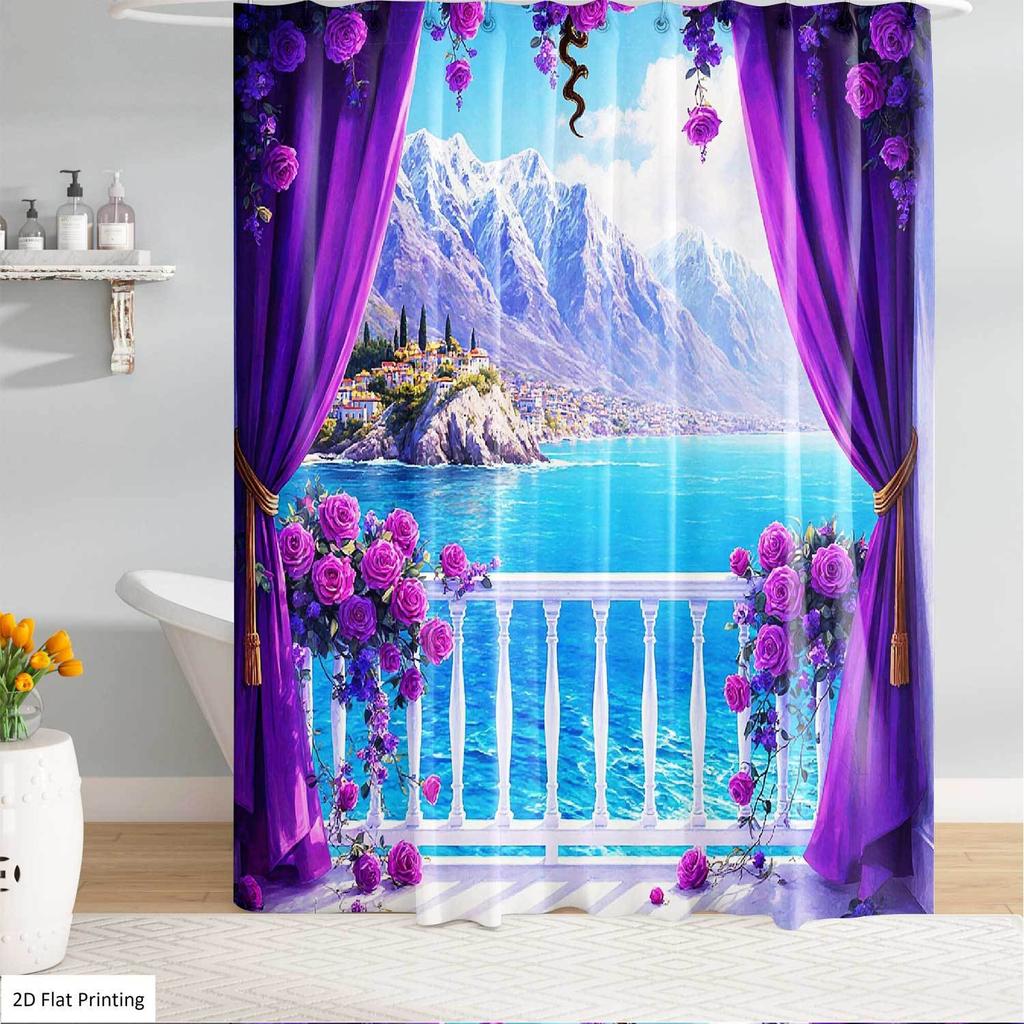 4Pcs Set Featuring Shower Curtain Set with Non-Slip Bath Mat, Toilet Lid Cover, Contour Rug & 12 Hooks, Bathroom Decor