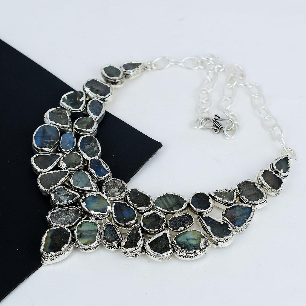Raw Labradorite Gemstone Handmade 925 Sterling Silver Electroform Necklace, Raw Labradorite Silver Necklace For Wife, Unisex Necklace, Easter Gift