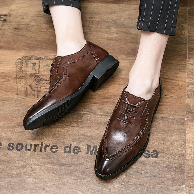 Spring Autumn New Men's Pointed True Leather Shoes Banquet Dress Shoes Lace Up Loafers Men's Business Casual Shoes Free Delivery