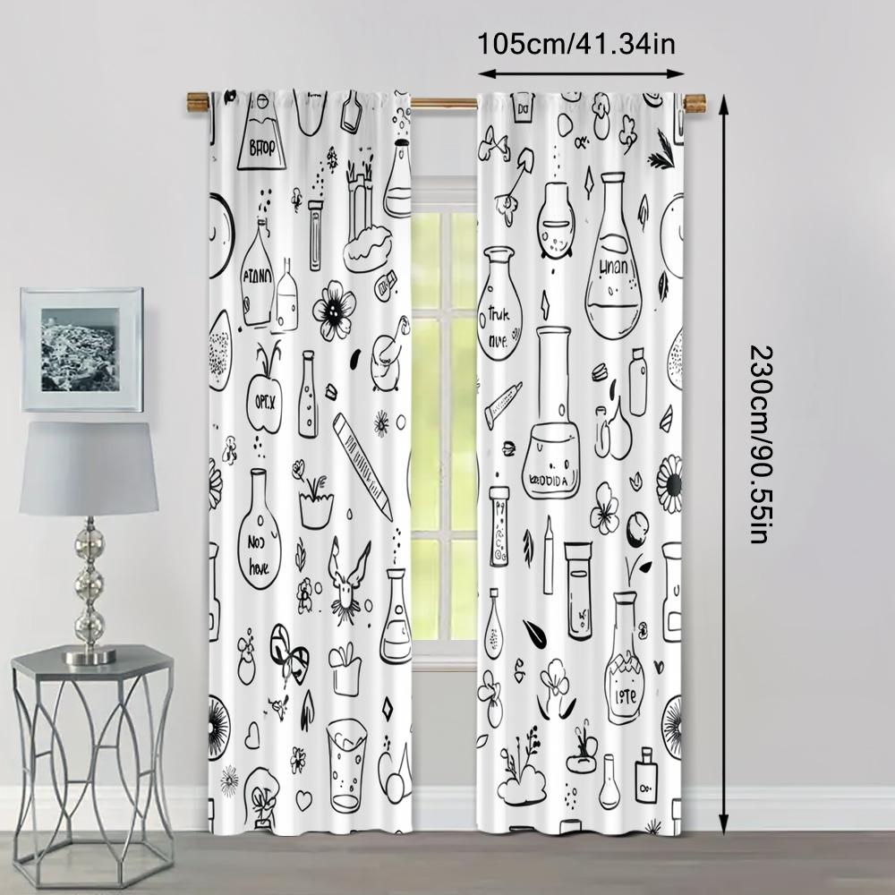 2pcs, Contemporary Curtains Black and White Floral Pattern Machine Washable (without Rod) Thermal Insulation, and Room Darkening