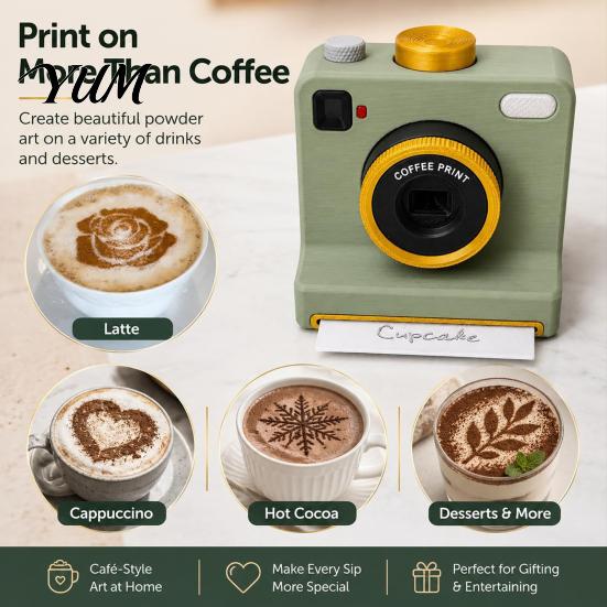 Coffee Art Tools for Home 3D Printed Latte Camera, Manual Powder Printer with Stencil Tool Template Cards, Cocoa Cinnamon Maker Cappuccino Hot