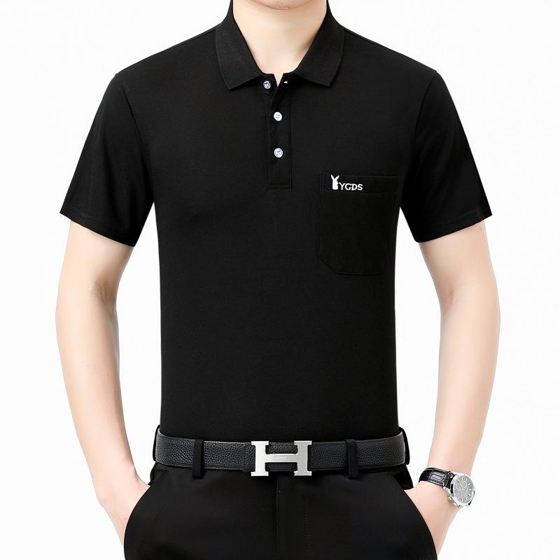 Tricou bărbătesc din mătase glacială cu rever și buzunare reale pentru persoane de vârstă mijlocie și vârstnici - cămașă de vară cu mânecă scurtă