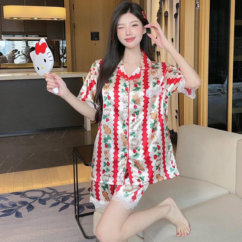 Sweet Strawberry Bunny Christmas Style Women's Ice Silk Pajamas Set: Short Sleeve Summer Homewear