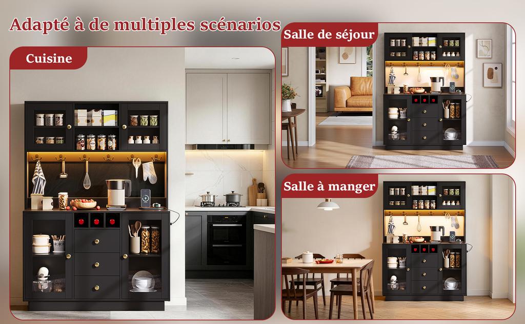 Kitchen Cabinet Tall Storage with LED Lights, Pantry with 3 Drawers and 4 Storage Cabinets, Display for Living Room and Dining Room, 120 × 40 × 170 Cm