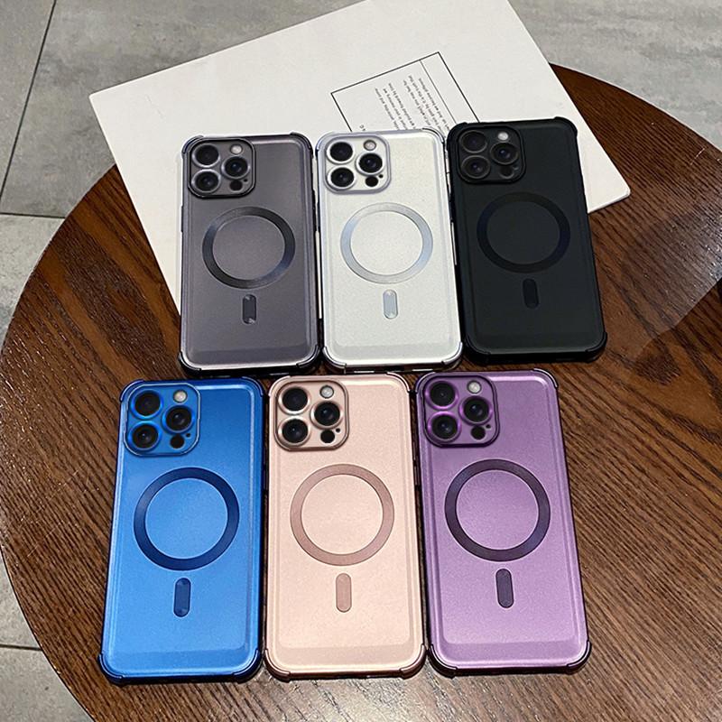 Applicable To IPhone 16 Metal Paint Magnetic Suction Mobile Phone Case Four Corners Anti Fall Apple 15 ProMax Airbag Protective Case 14