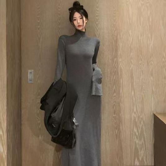 Dress Women's Ins Simple Solid Color Semi-turtleneck Long-sleeved Bottoming Skirt Autumn and Winter New Long Dress