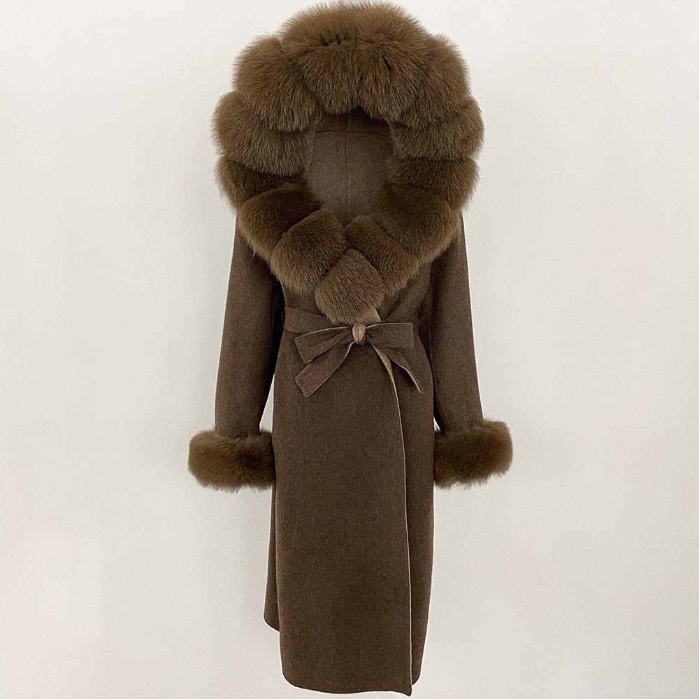 OFTBUY Autumn Winter Women Coat Real Natural Fox Fur Collar Hooded Double-faced Woolen Blends Jacket Thick Warm Casual Overwears