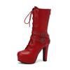 Women's Punk Style Lace-Up Mid-Calf Boot Belt Buckle Platform High Heel Short Boot Women White Round Toe 12cm Square Heel Shoes