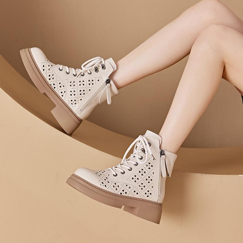 

2025 small size leather hollow Martin boots women s platform Korean version double side zipper women s leather boots lace-up casual shoes 32