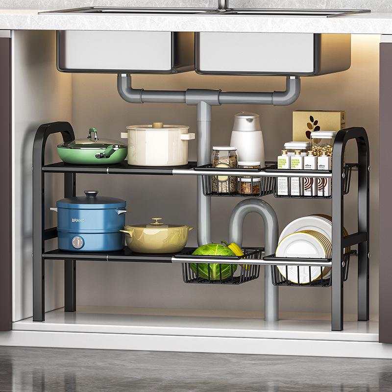Retractable Under Sink Kitchen Organizer and Multifunctional Dish & Pot Rack