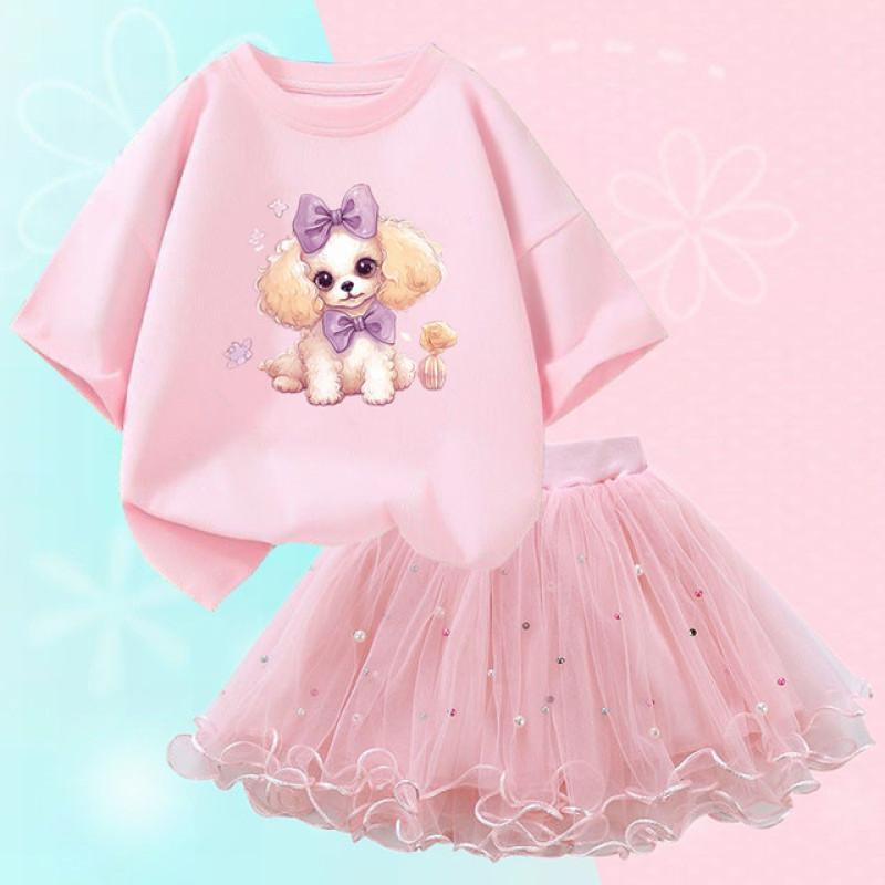 Summer Girls Cute Dog Print T Shirt & Tutu Skirt Two Piece Outfits Party Birthday Christmas Clothes 2-12Y