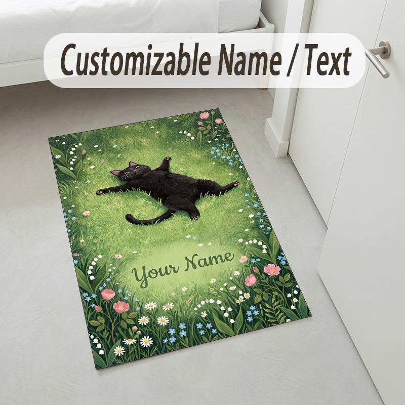 Cat Theme Crystal Velvet Rug Personalized Custom Name Text Soft Floor Mat Home Decor