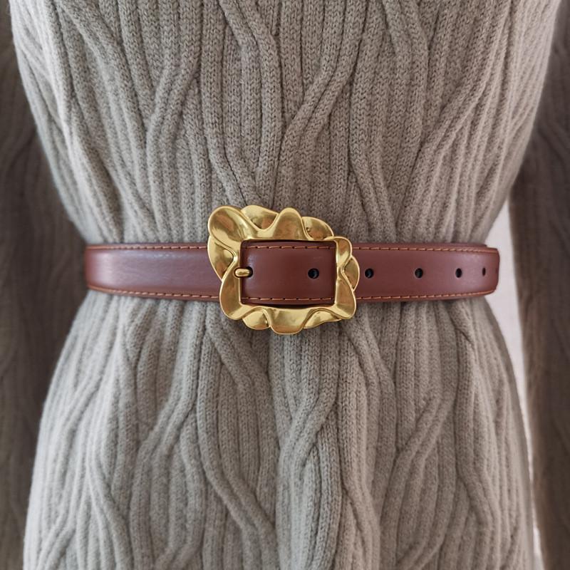 Leather Belt Women With Flowers Shaped Metal Buckle For Daily Casual Use Office