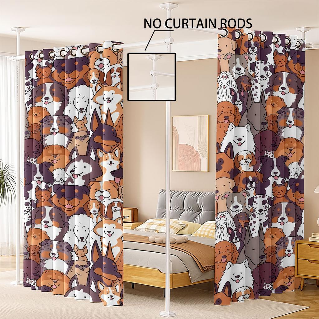 Set Of 2 Cartoon Colored Puppy Park Printed Perforated Curtains Various Sizes Living Room Bedroom Insulation Decoration Light Blocking Made Polyester
