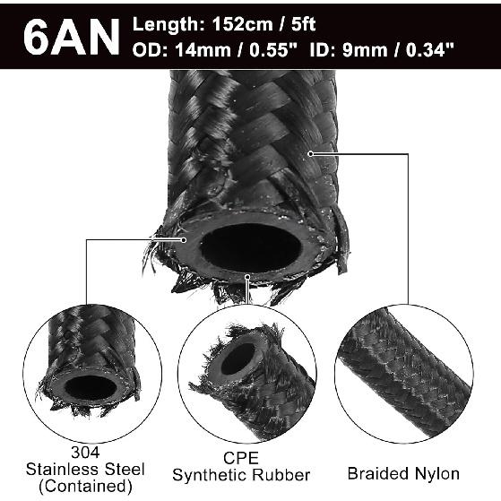 

5ft 6AN Fuel Hose AN6 3/8 Universal Braided Nylon Stainless Steel CPE Oil Fuel Gas Line Hose Black