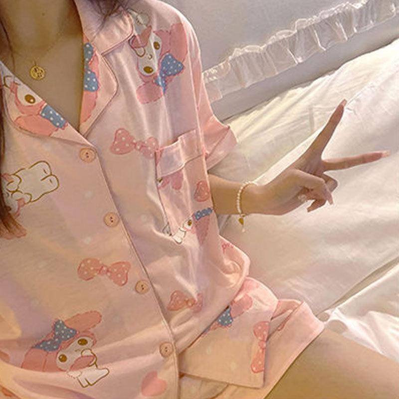 GMXIA High-quality Cotton-like Cute Cardigan Short-sleeved Student Pajamas for Women, Sweet Summer Style for Women's Home Wear