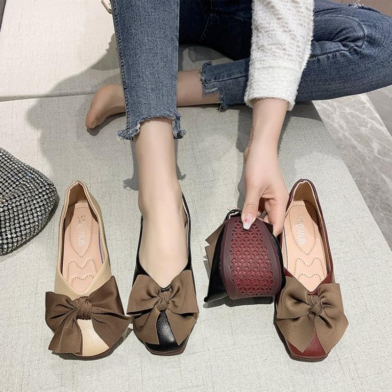 Fashion New Fashion Pumps Soft Casual Women Sneakers 2024 Fashion Women Low Heel Square Toe Bow Solid Color Ladies Flat Shoes