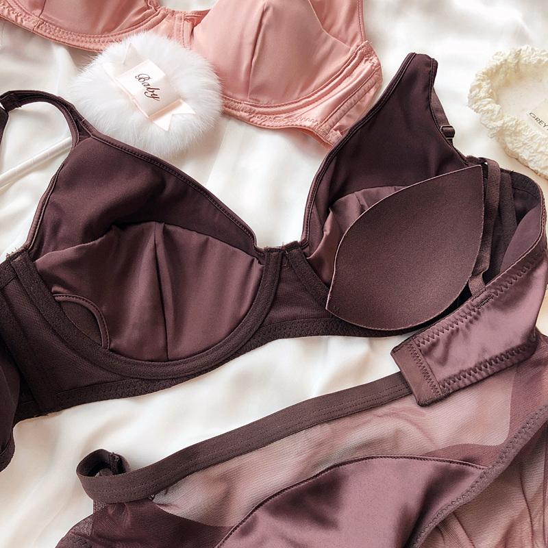 Conjunto de sujetador push up de seda de hielo para mujer, ropa interior cómoda y sexy con pechos pequeños, relleno desmontable, copa fina, sujetador, bragas íntimas