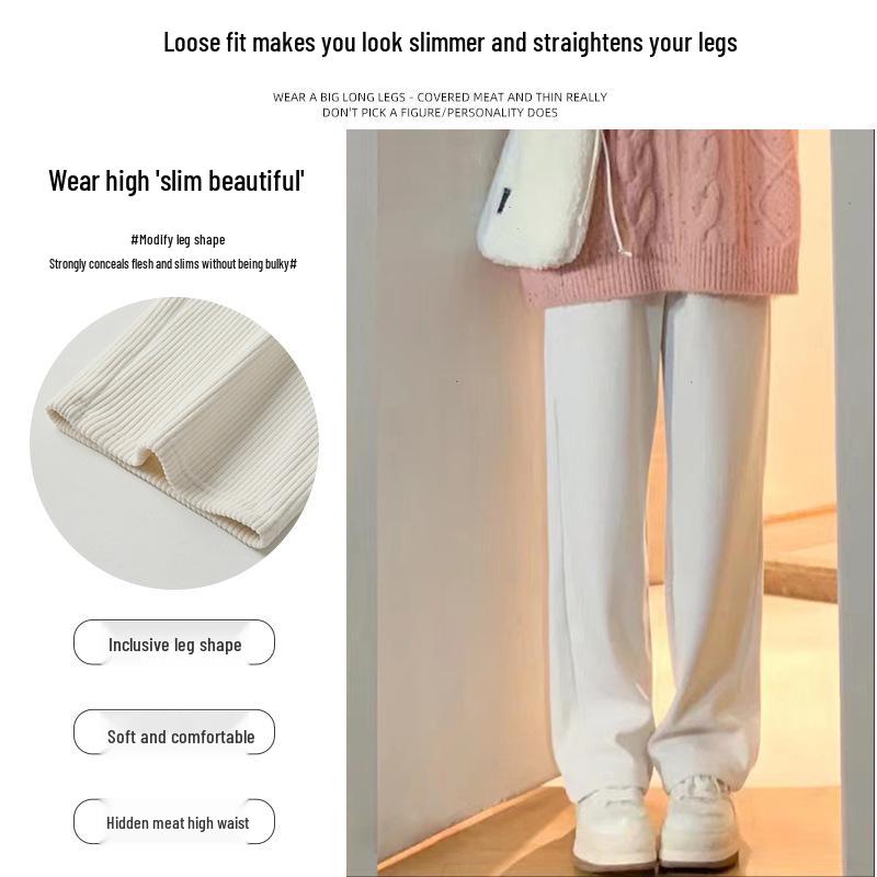 

White Fleece-Lined Wide-Leg Corduroy Pants: Women s High-Waisted Autumn/Winter Casual Straight-Leg Trousers L (recommended 50-54 kg)