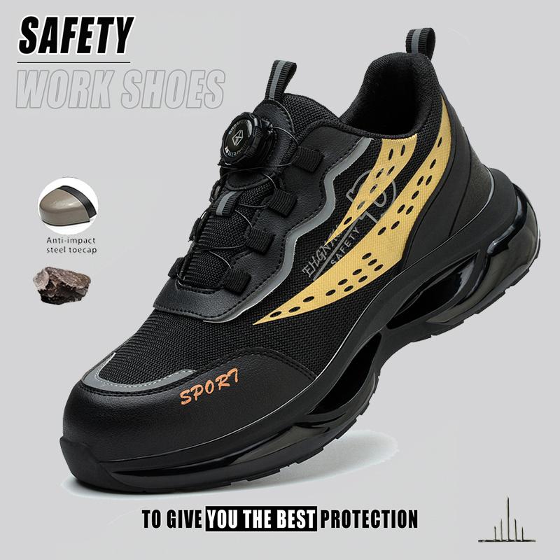 Safety Shoes For Men Air Cushion Steel Toe Work Shoes Anti-Smash Shoe Lightweight Breathable Slip On Utility Work Sneakers Black