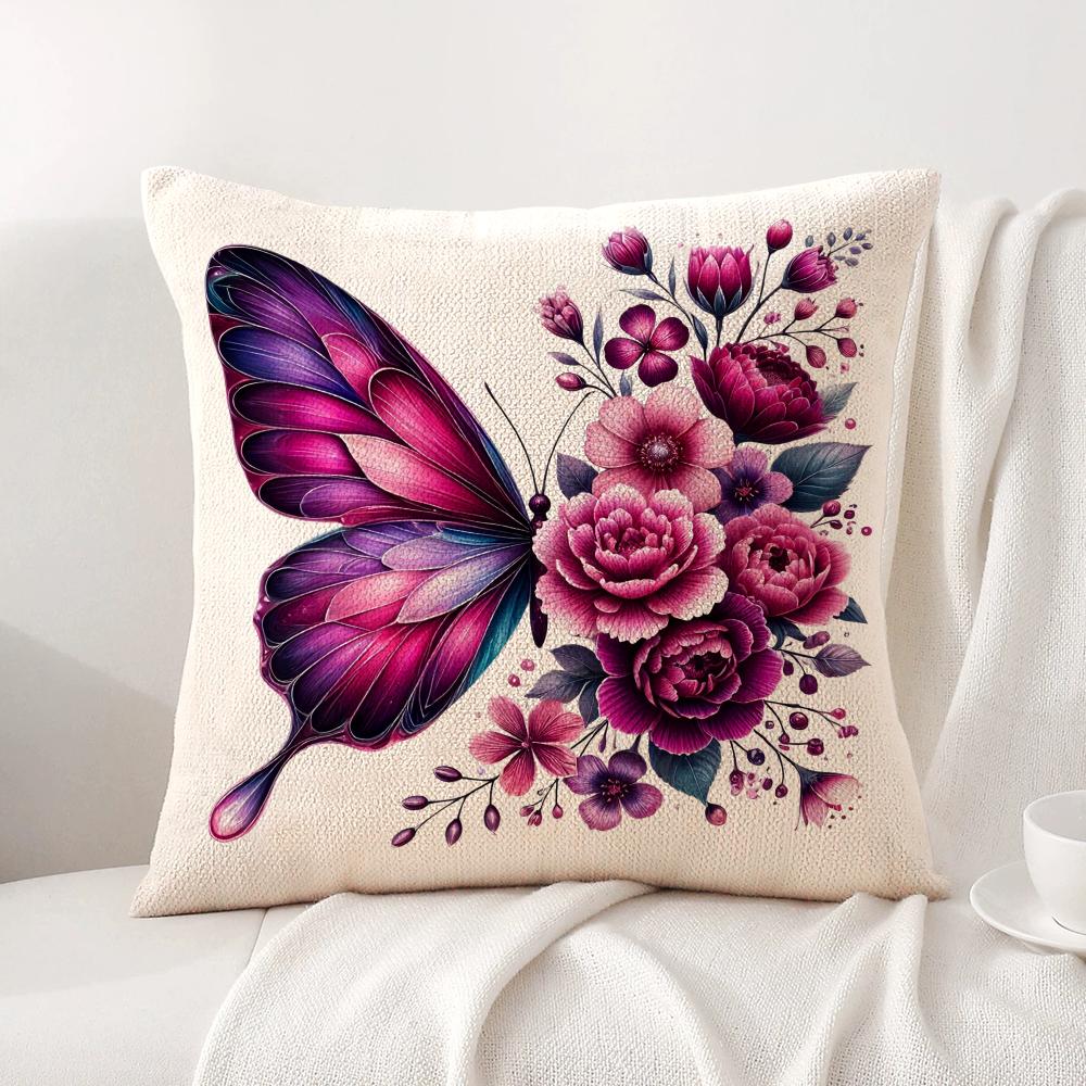 Watercolor butterflyflower Cushion Cover Natural Linen Organic Fabric DoubleSided Printing Sofa Home Decor Gift Pillow Cover
