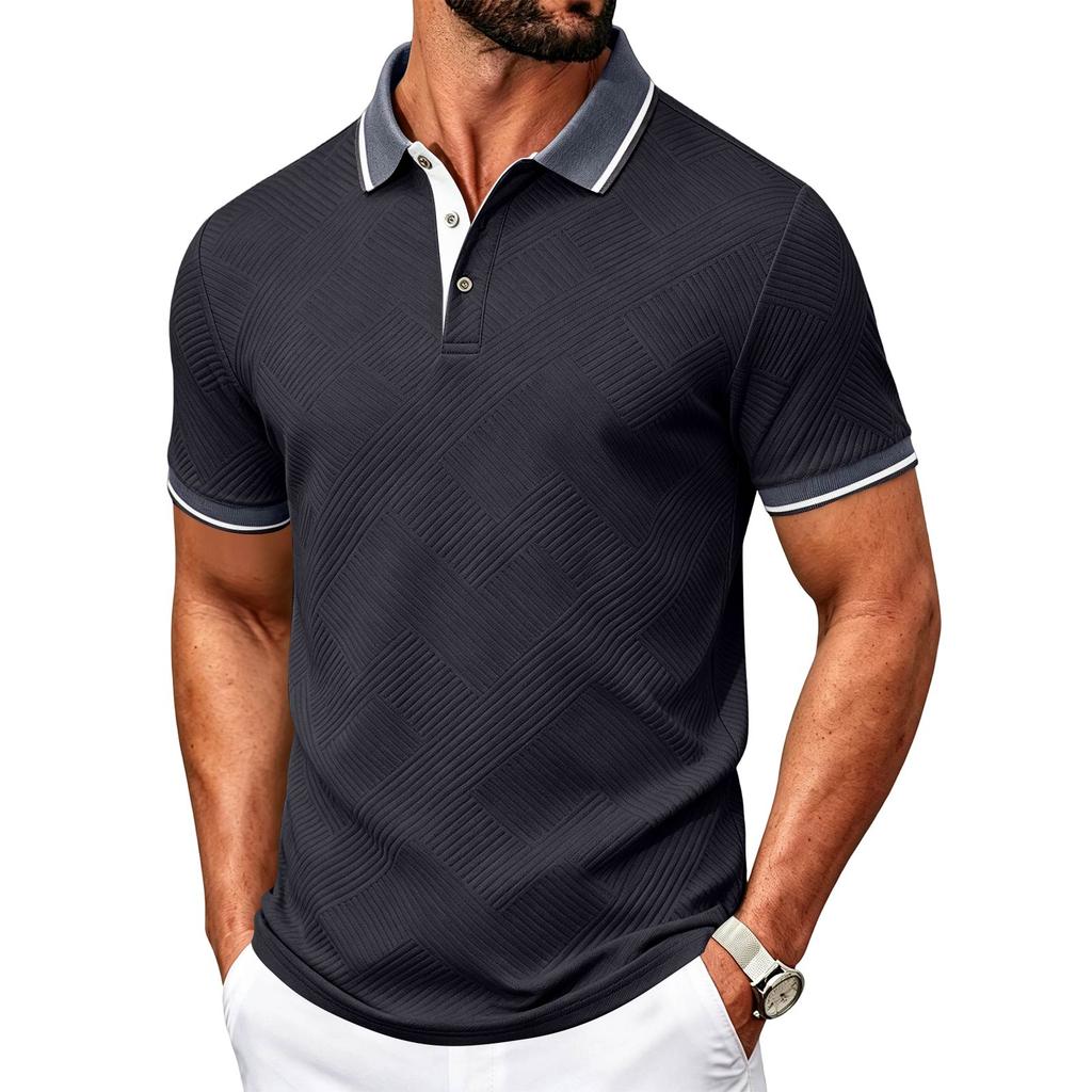 Men’s Slim Fit Polo Shirt Short Sleeve Casual Turn Down Collar Button Front Lightweight Top