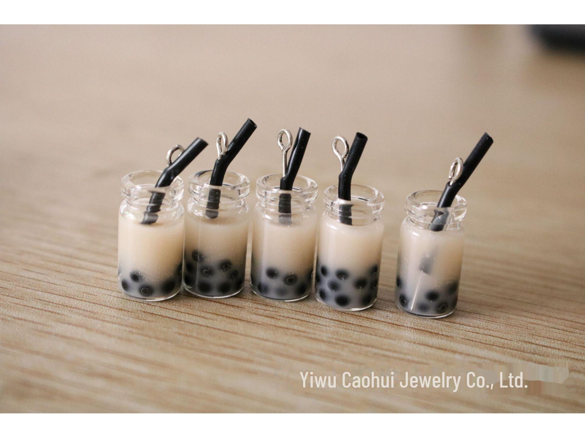 

Серьги и брелок в форме чашки молочного чая с 3D-жемчужинами - Креативные украшения из смолы White Straw without Loop