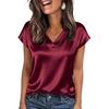 V Neck Loose Summer Women Satin Blouse Short Sleeve Casual Office Shirts Basic Solid Color Fashion Elegant Sweet Tops Sweet Clothing