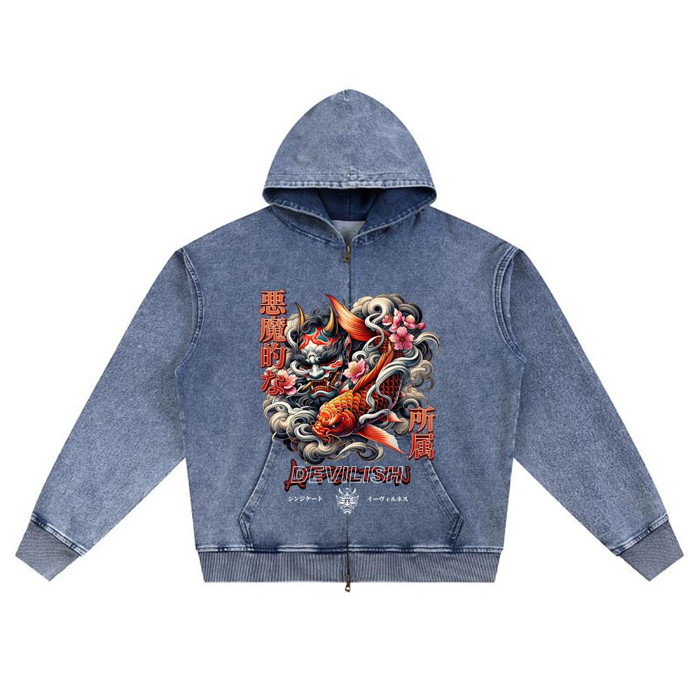 DTG print Knitted Denim Zip-Up Hoodie Japan Samurai Brother Print Zipper Hoodies  