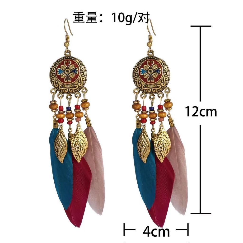 Bohemia Retro Ethnic Style Heart Feather Drop Dangle Earrings for Women Personality Royal Court Enamel Jewelry Accessories Gift