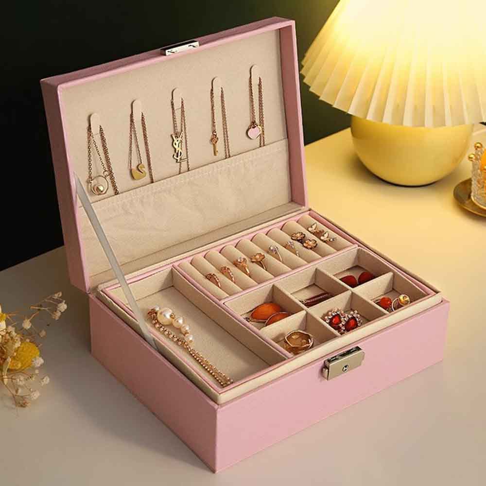 Double Layer Jewelry Box PU Leather Organizer with Lock for Earrings Rings Necklaces Bracelets Storage Case