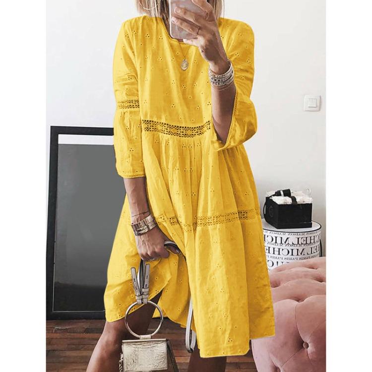 Boho Women Solid Color Hollow Out Sleeve Splice Mid Long Dresses