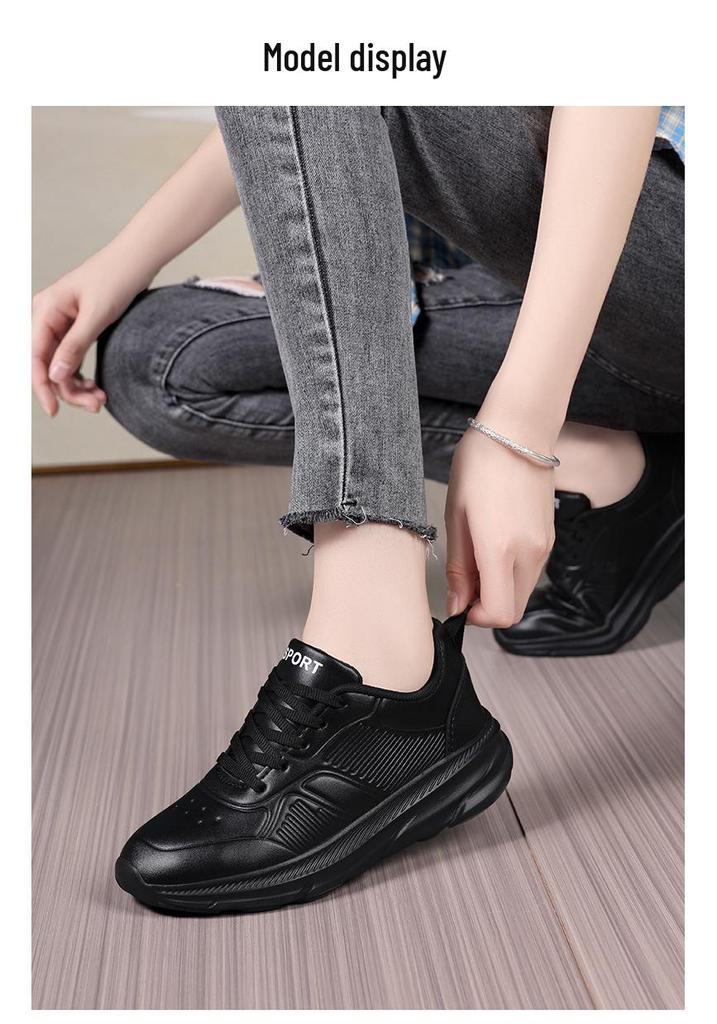 Lightweight Black Leather Women's Sneakers - Big Size, Comfortable, Autumn/Winter Collection, Size 42