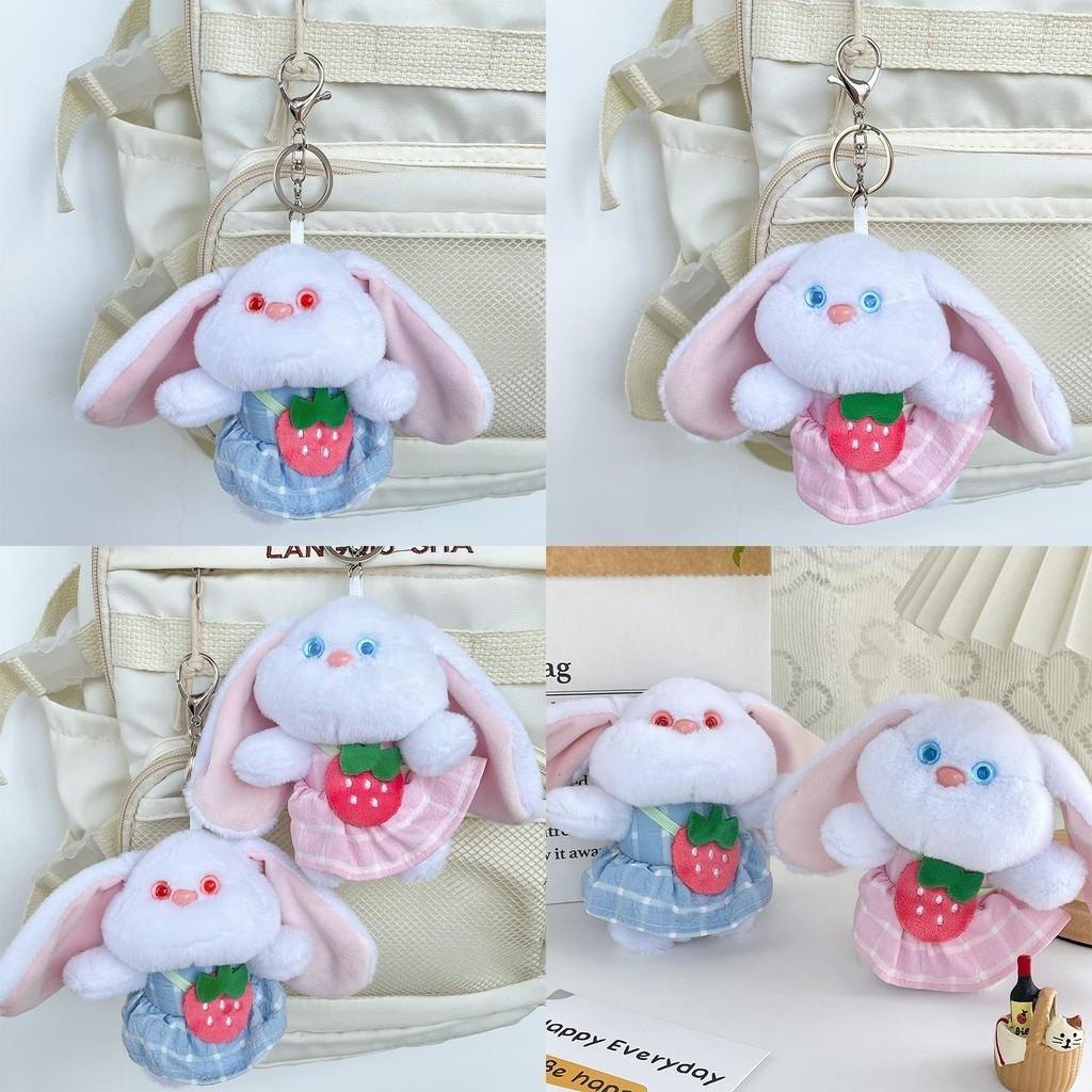 Adorable Long-eared Bunny Plush Doll Keychain With Cute Strawberry Dress 12cm