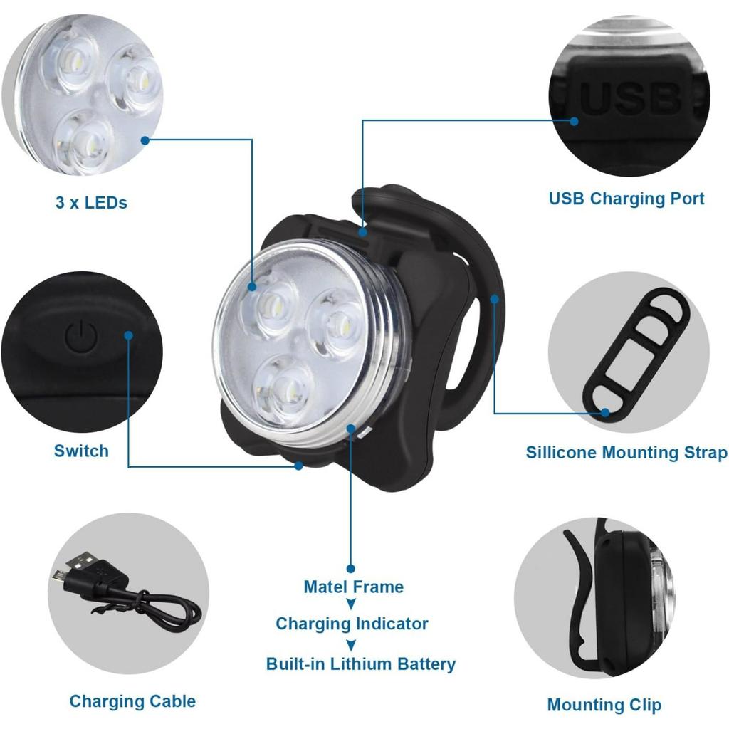 Bike Light Set, Super Bright USB Rechargeable Waterproof Mountain Road Safety & Easy Mount LED Bicycle Lights, USB Cycling Front & Rear Light