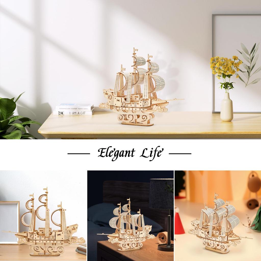 Hallisun 3D Wooden Assembled 3D Moving Mechanical Mechanical Vintage Home Birthday Japanese Instruction Manual Included Puzzle, Ship, Craft, DIY, Toy,