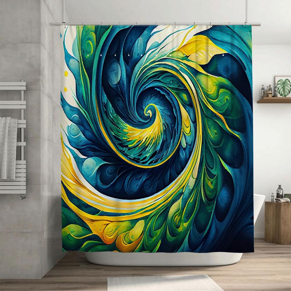 100% waterproof shower curtain made from water-resistant fabric for bathroom decor swirl print with blue, yellow, green colors