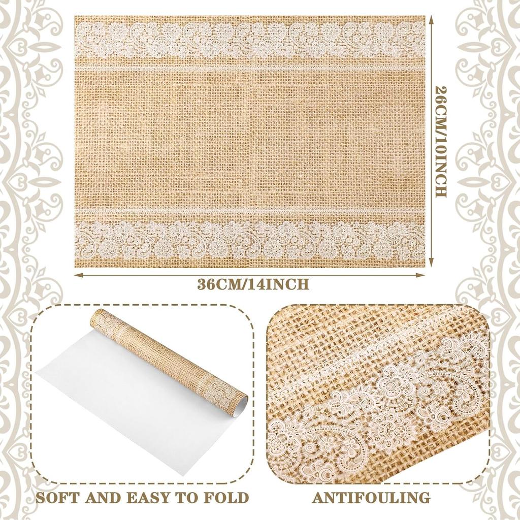 Lallisa 100 Pcs Burlap Printed Paper Place Mats 14 x 10 in Lace Disposable Dining Table Placemat Rectangle Brown Kitchen Table Mat Vintage Place Mat
