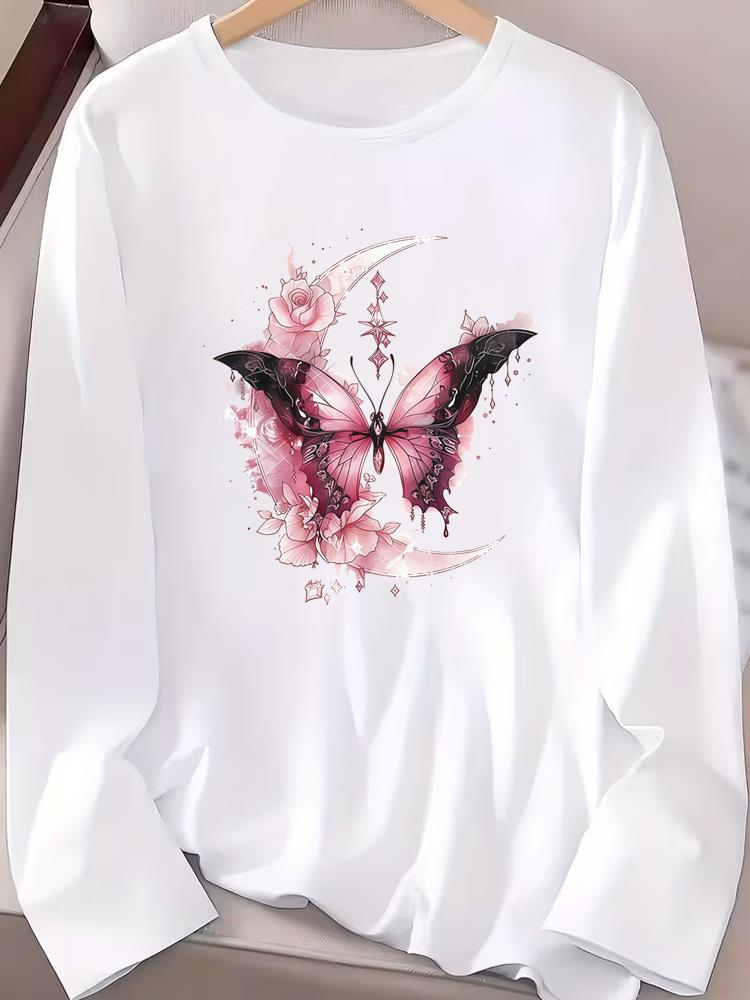 (Asian Size) Fashion Print T Shirt Autumn Winter Spring Casual Tee Leopard Love Trend Women Clothing Top O-neck Graphic Long Sleeve T-shirts