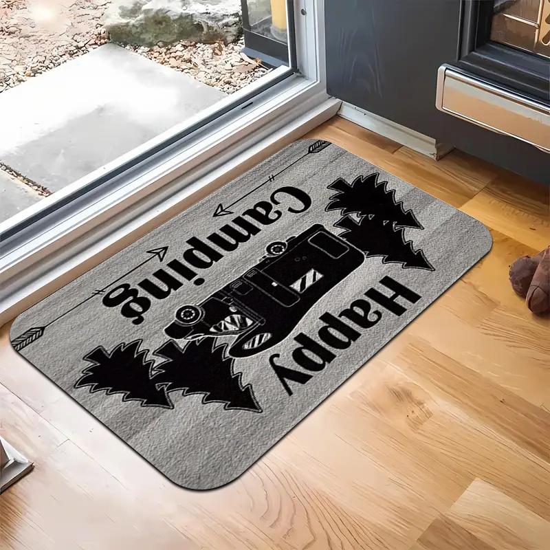 VIKAMA Happy Camping RV Doormat Camper Van Pine Tree Non Slip Absorbent Floor Mat Camper Trailer Outdoor Entryway Home Decor Mat
