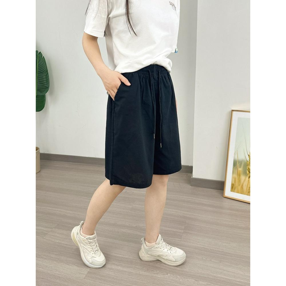 Хлопково-льняные шорты женские летние свободные повседневные широкие брюки женские льняные брюки универсальные прямые пятиточечные брюки XL чёрный