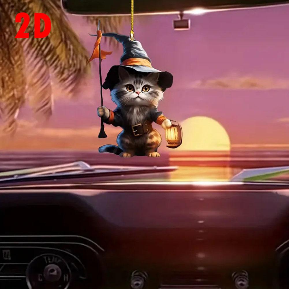 NEW Cute Acrylic Halloween Witch Cat Lantern Ornament Cat Shaped Pumpkin Hanging Pendant For Car Bag Keychain Decor C1D5