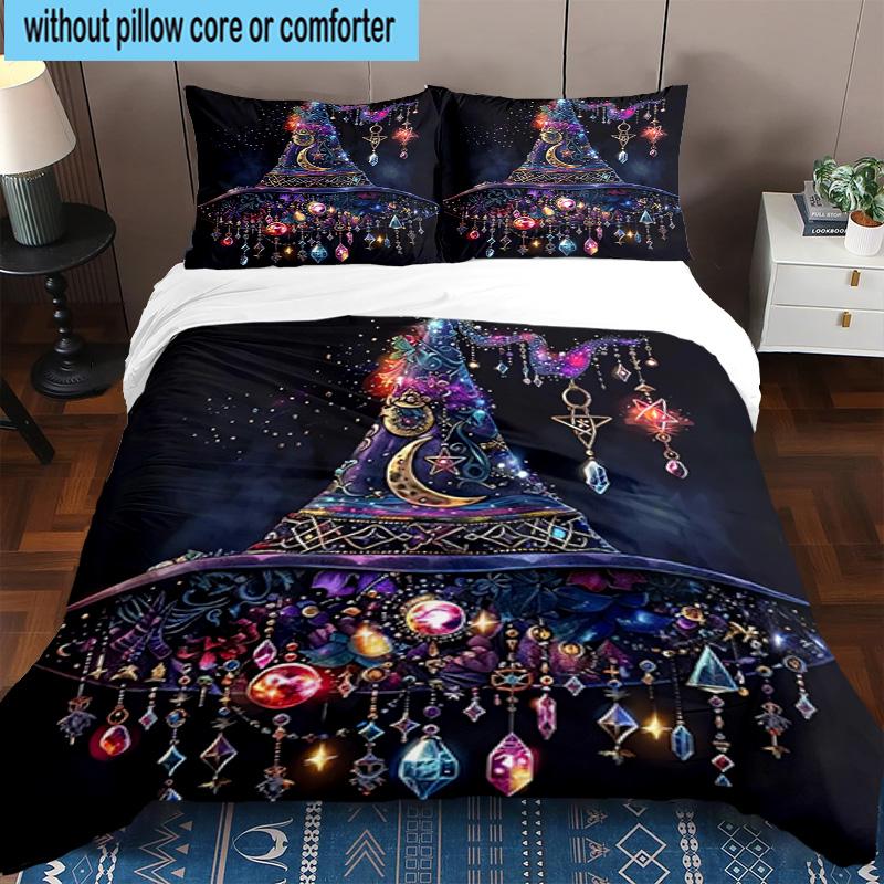 Witch's Hat And Crescent Moon 3pcs Bedding,Including 1pc Duvet Cover And 2pcs Pillowcases Perfect for Christmas,Ideal for Bedroom, Dormitory