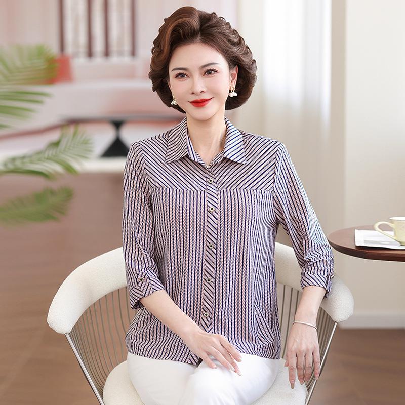 Spring & Summer Vertical Striped Shirt for Middle-aged Women - Three-quarter Sleeves, Lapel, Stretchy & Fashionable Casual Top