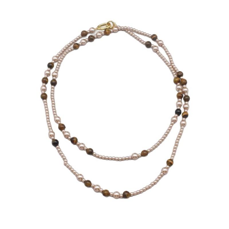 Handmade Layered Tigers Eye Brown Pearl Necklace 118cm Long Chain Minimalist Chic Statement Jewelry Women Daily Wear