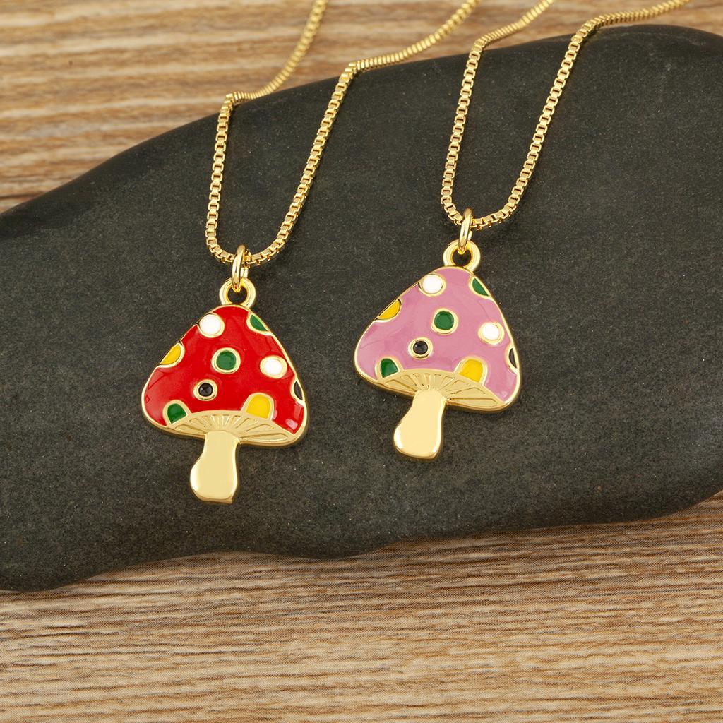 Nidin Cute Enamel Mushroom Pendant Necklace For Women Girls Colorful Zircon Dainty Chain Choker Aesthetic Trendy Jewelry Gifts