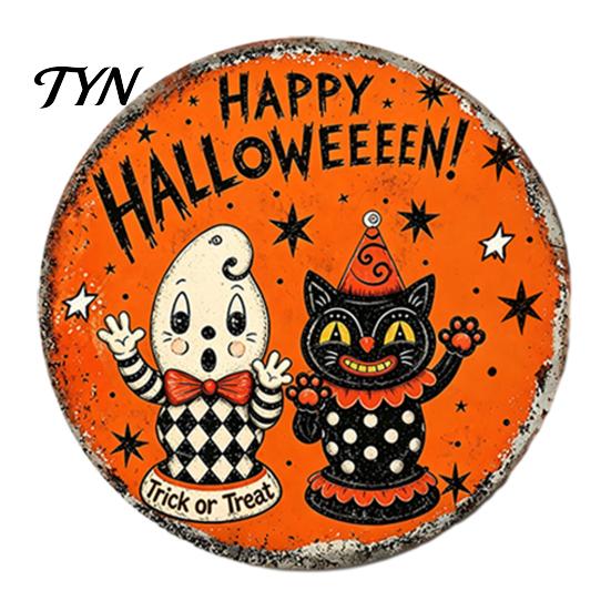 Halloween Home Decoration Retro Wall Sign, Round Metal Decorative Vintage Style Plaque Rustic Art Decor for Living Room Party Signs